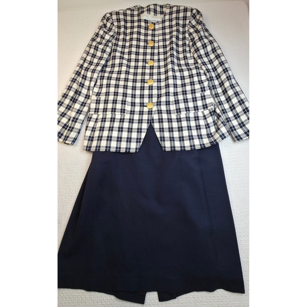 Albert Nipon Linen Blend Skirt Suit Womens 8 Navy Plaid Gold Button Blazer Set